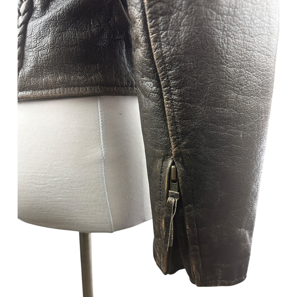 Unik Distressed Brown Leather Braided Moto Motorcycle Jacket Cross Zip Size XS - Picture 9 of 16